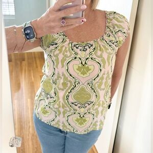 J.Crew Green & Pink Printed Smocked Top – Size S – 100% Cotton